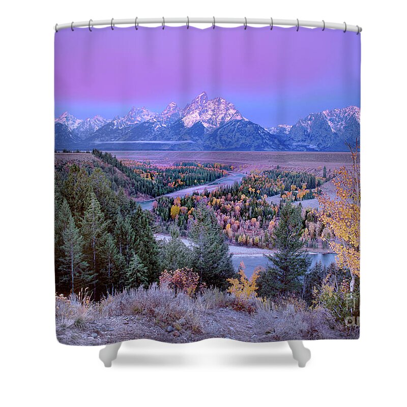 Dave Welling Shower Curtain featuring the photograph Alpenglow Snake River Overlook Grand Tetons Np by Dave Welling
