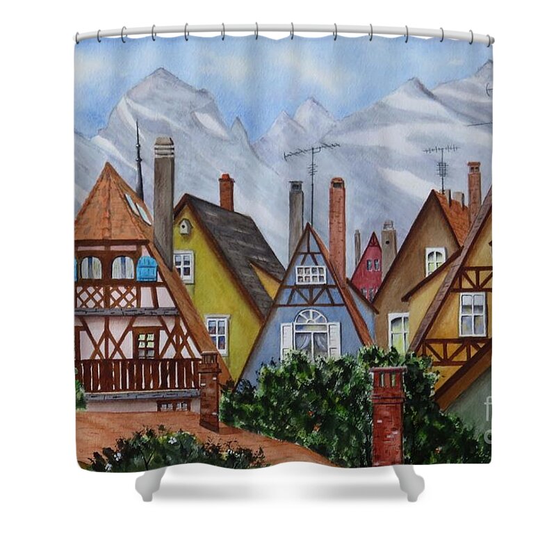 Alps Shower Curtain featuring the painting Alpine Burbs by Joseph Burger