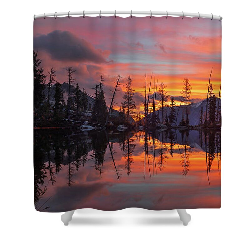 Fall Colors Shower Curtain featuring the photograph Alpine Lakes Sunrise Symmetry by Mike Reid