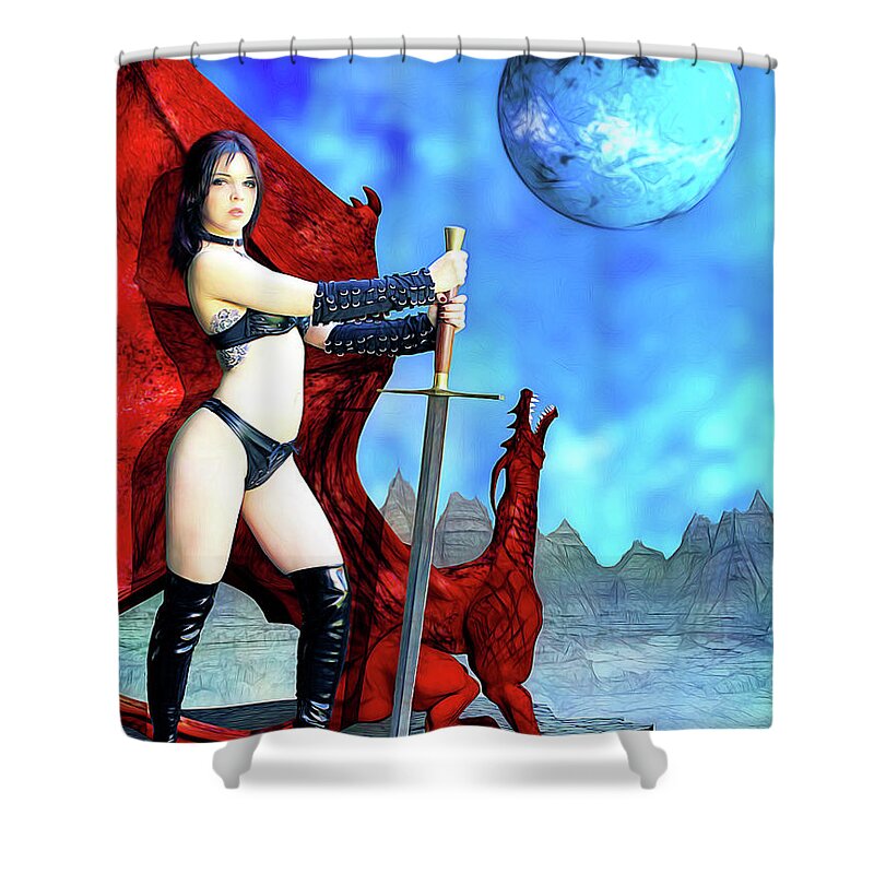 Rebel Shower Curtain featuring the photograph Amazon with Pet Dragon by Jon Volden