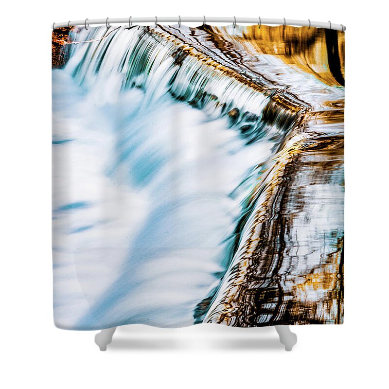 Spring Shower Curtain featuring the painting Amber Glow - Blue and Amber Artwork by Lourry Legarde