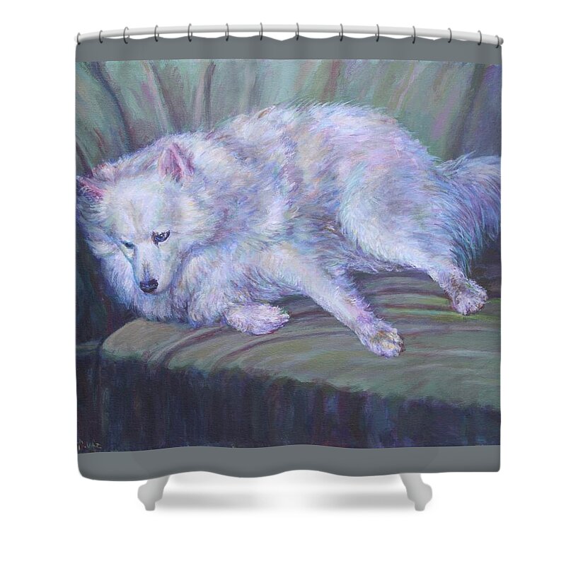 Pet Shower Curtain featuring the painting America Eskimo Dog by Veronica Cassell vaz