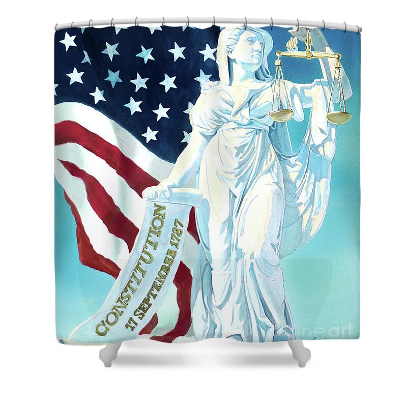 Tom Lydon Shower Curtain featuring the painting America - Genius of America - Justice Holding Scale And Scrolls by Tom Lydon