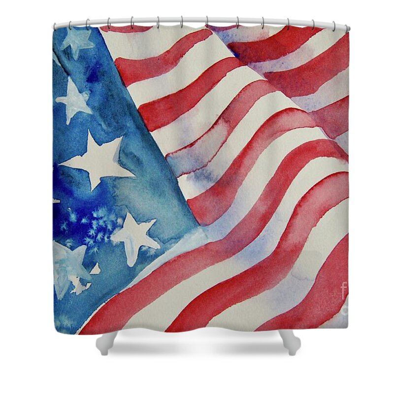 American Flag Shower Curtain featuring the painting American Flag Blowing Freely by Liana Yarckin