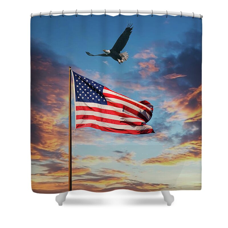 Bar Harbor Shower Curtain featuring the photograph American Flag on Old Flagpole at Sunset with Eagle by Darryl Brooks