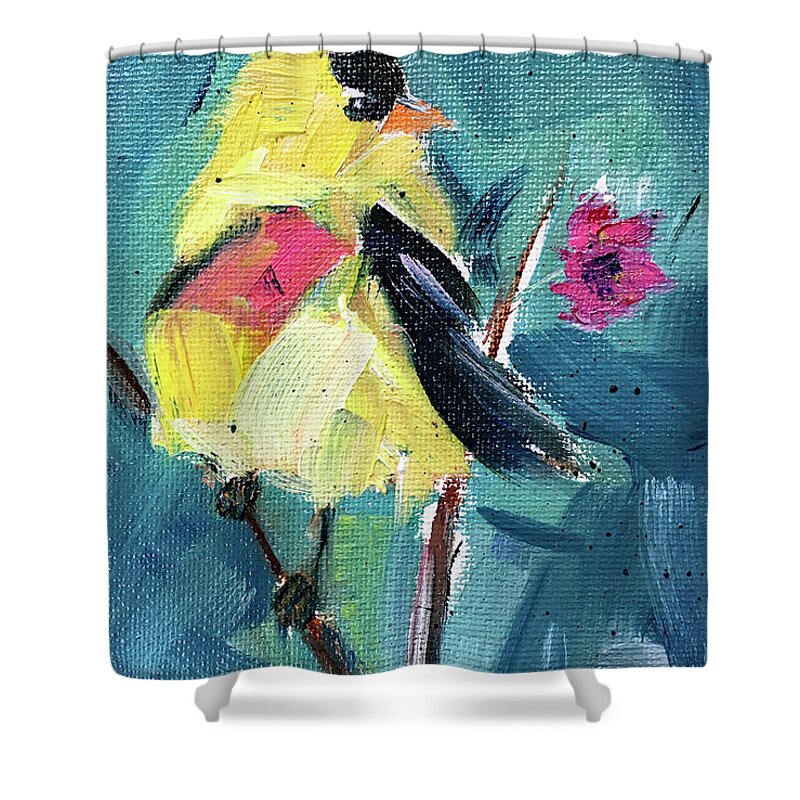 Goldfinch Shower Curtain featuring the painting American Goldfinch by Roxy Rich