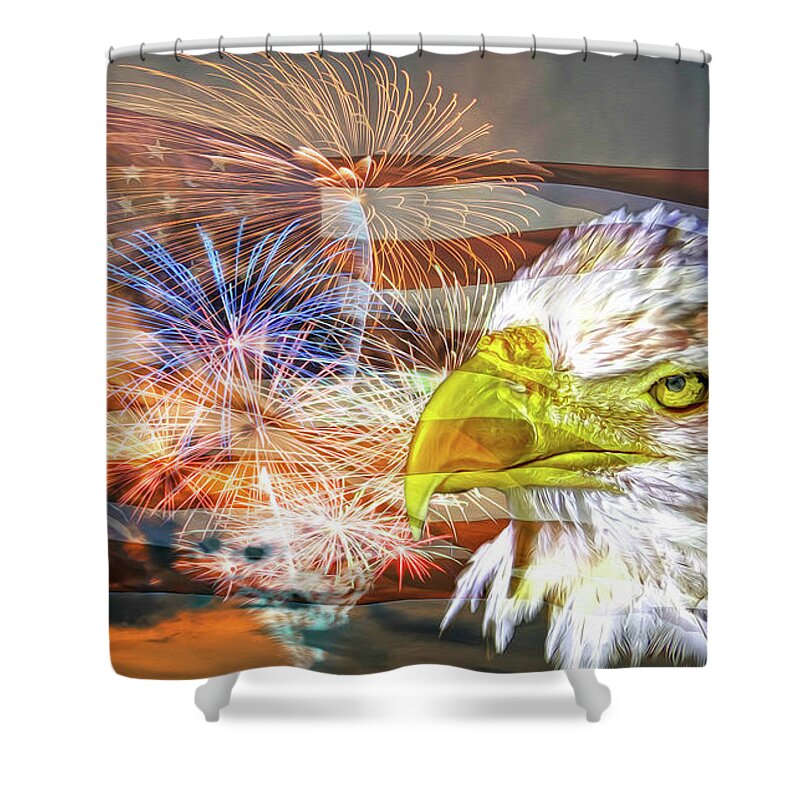 Eagles Shower Curtain featuring the mixed media American Patriotism Artistry by DB Hayes