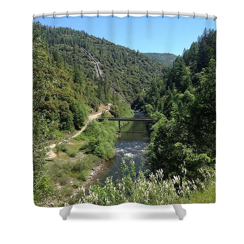 Photograph Forest River Mountains Bridge Shower Curtain featuring the photograph American River Crossing by Beverly Read