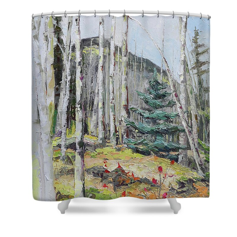 Aspen Shower Curtain featuring the painting Among the Aspen, 2018 by PJ Kirk