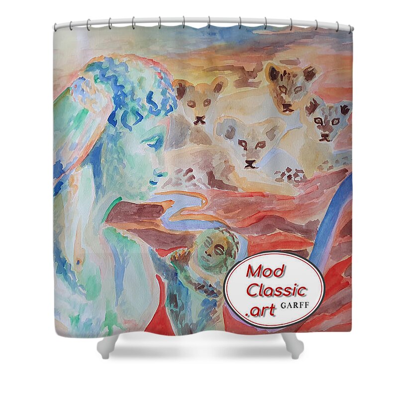Classical Greek Sculpture Shower Curtain featuring the painting Amore and Psyche ModClassic Art by Enrico Garff