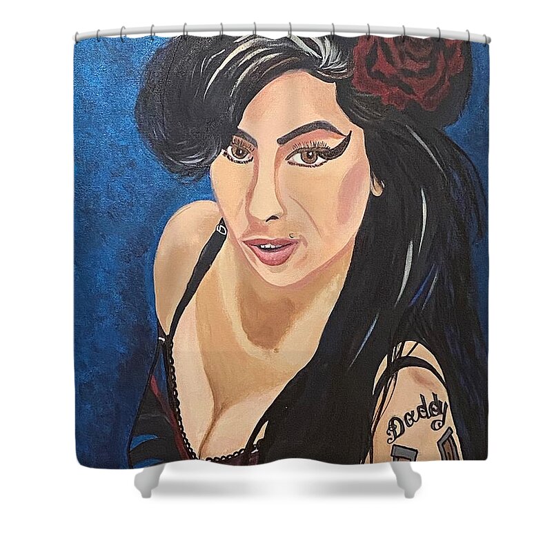  Shower Curtain featuring the painting Amy Winehouse-Lioness by Bill Manson