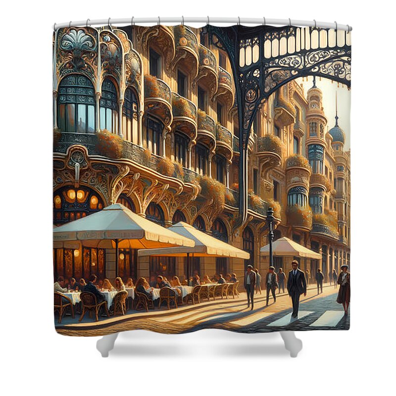 Art-nouveau Shower Curtain featuring the painting An Art Nouveau streetscape in Barcelona, with intricate facades and street cafes by Jeff Creation