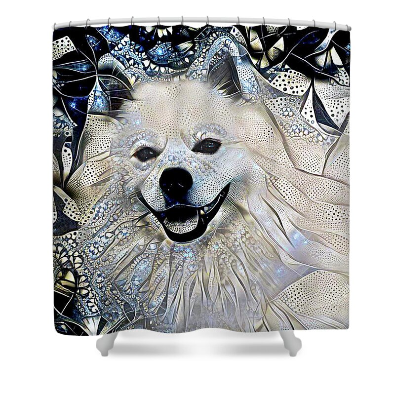 American Eskimo Dog Shower Curtain featuring the mixed media An Eskie Dog Named LJ by Peggy Collins