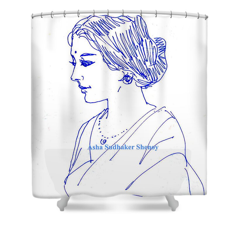 Sari Clad Woman Shower Curtain featuring the drawing An Indian lady in Sari by Asha Sudhaker Shenoy