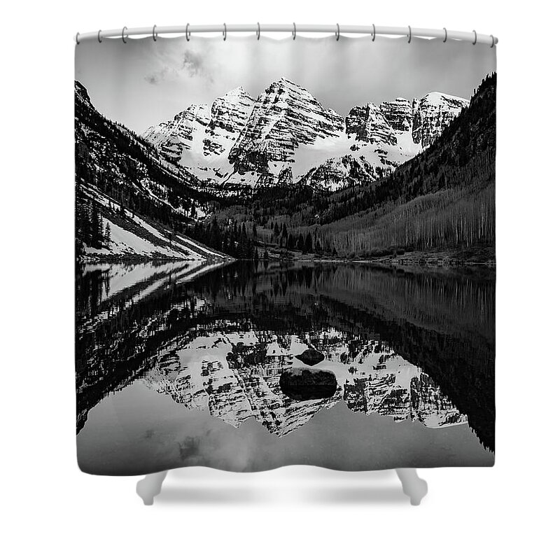 Mountain Peaks Shower Curtain featuring the photograph Majestic Peaks And Maroon Bells Mountain Reflections - Black And White by Gregory Ballos