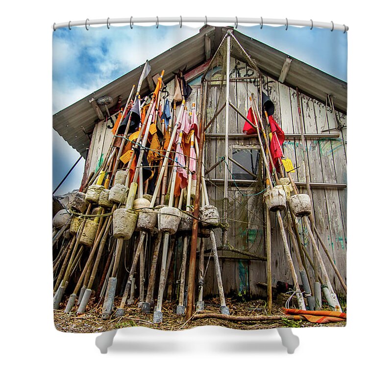 An old fishing house with fishing gear outside Shower Curtain by Karlaage  Isaksen - Pixels