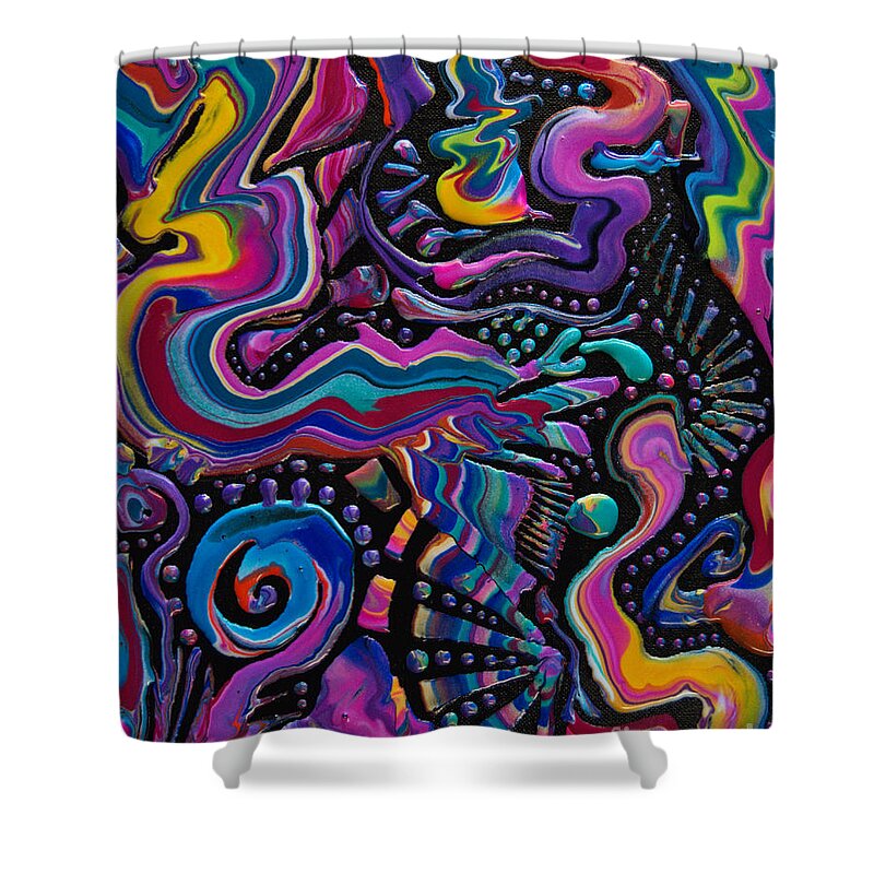 Vibrant Colorful Patterns Shower Curtain featuring the painting An Outrageously Colorful Life 8478 by Priscilla Batzell Expressionist Art Studio Gallery