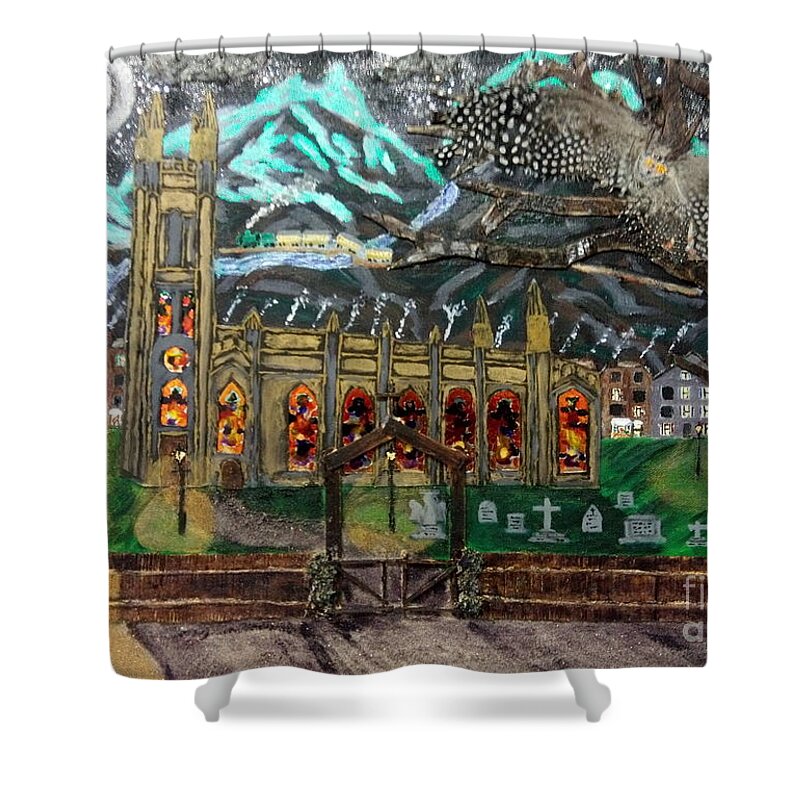 Church Shower Curtain featuring the mixed media An Owl with a View by David Westwood