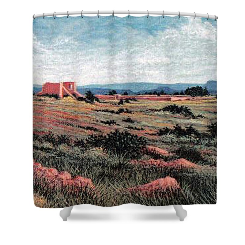 Landscape Shower Curtain featuring the painting Ancient Mission Ruins No.1 - New Mexico by George Lightfoot