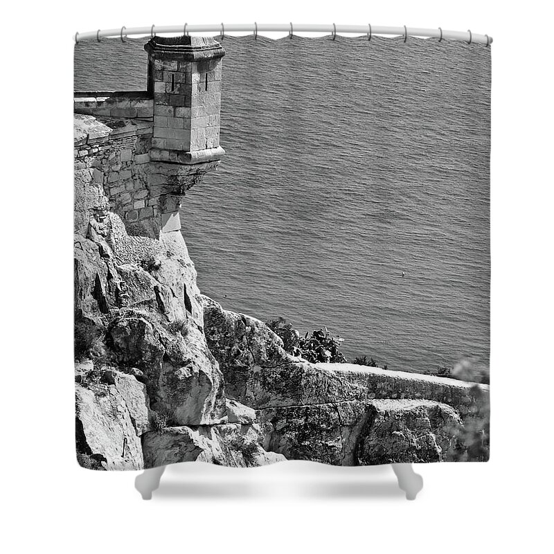 Black And White Shower Curtain featuring the photograph Ancient Watchtower by Naomi Maya