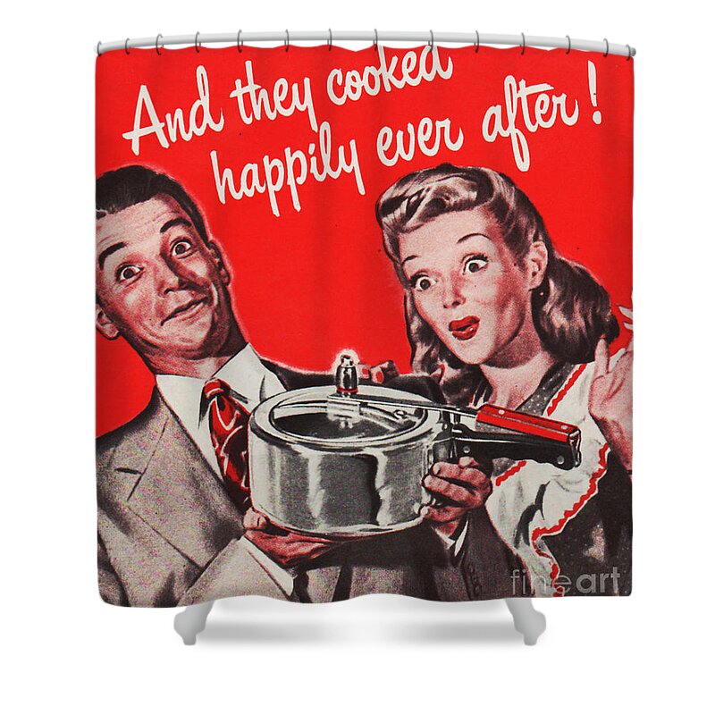 Vintage Shower Curtain featuring the mixed media And They Cooked Happily Ever After by Sally Edelstein