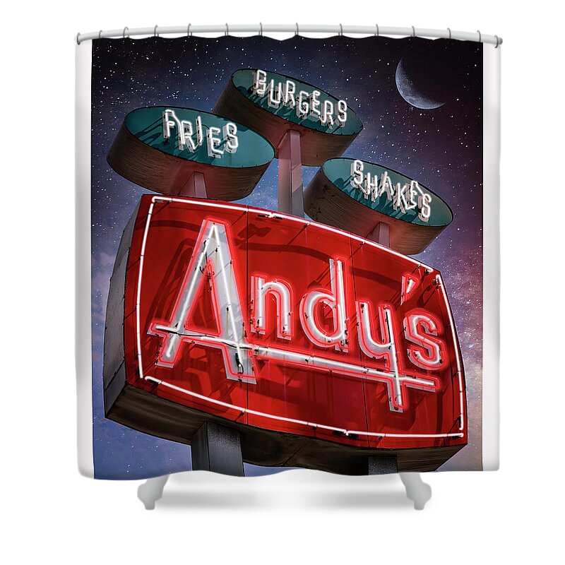 Andy's Shower Curtain featuring the photograph Andy's Igloo Drive In at night by ARTtography by David Bruce Kawchak