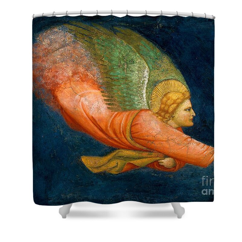Two Angels Shower Curtain featuring the painting Angel 1 by North Italian Painter from first quarter 14th century