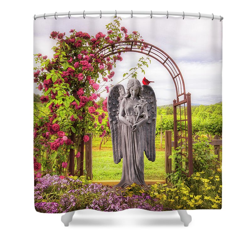 Bird Shower Curtain featuring the photograph Angel and Cardinal in the Garden by Debra and Dave Vanderlaan