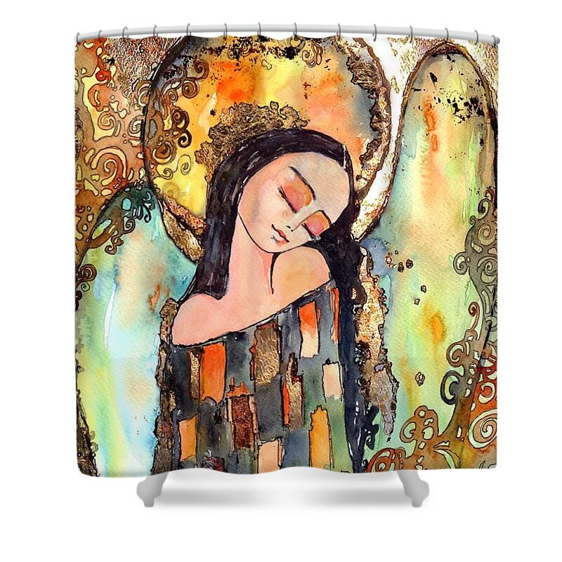 Angel Shower Curtain featuring the painting Angel Goes To Sleep by Suzann Sines