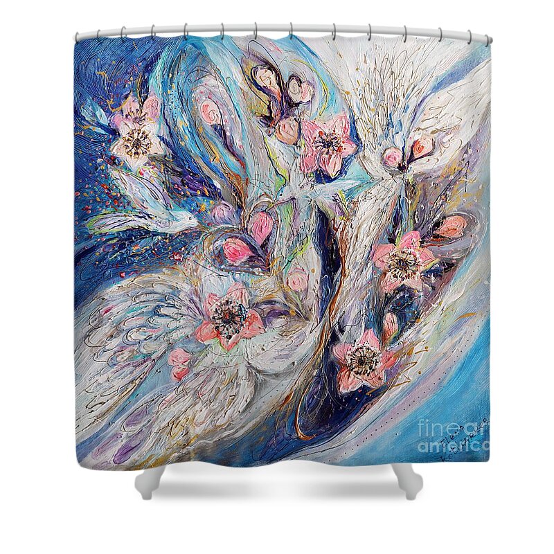 Angel Shower Curtain featuring the painting Angel Wings #22. The Blossoming on Blue by Elena Kotliarker