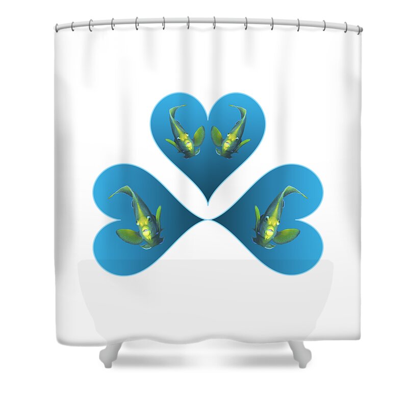 Angelfish Shower Curtain featuring the mixed media Angelfish - Three blue hearts for a colorful fish - by Ute Niemann