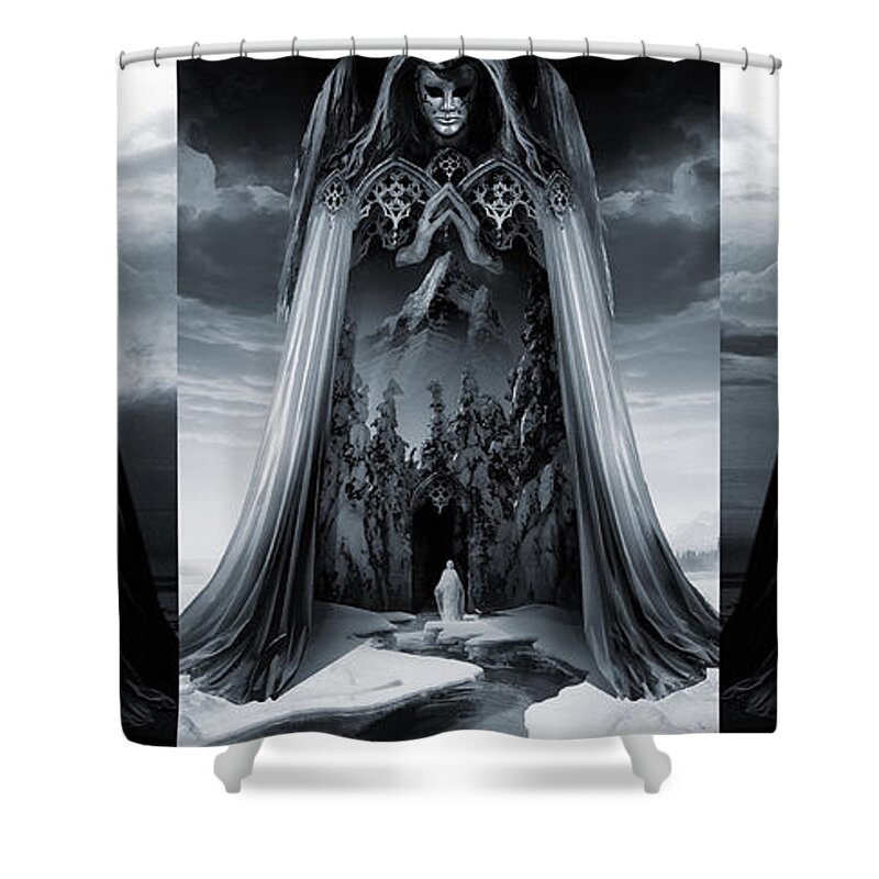  Fallen Angel Demon Religion Faith Skull Death Angels Deities Shower Curtain featuring the digital art Angels of Infinity Light Mercy by George Grie
