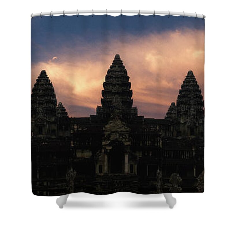 Panoramic Shower Curtain featuring the photograph Angkor Wat temple at Sunset by Sonny Ryse