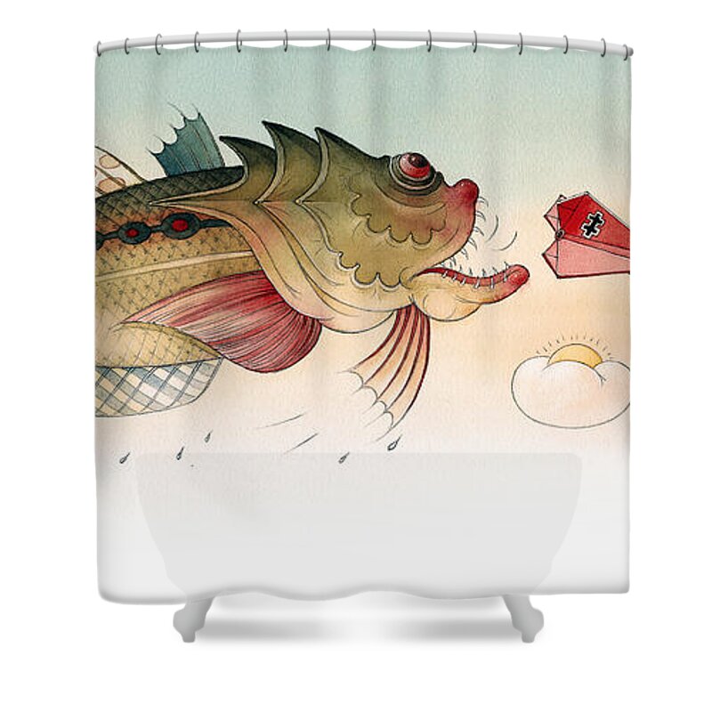 Angry Fish Airplane Flight Fluing Sky Persuit Dramatic Bigfish Shower Curtain featuring the drawing Angry fish by Kestutis Kasparavicius