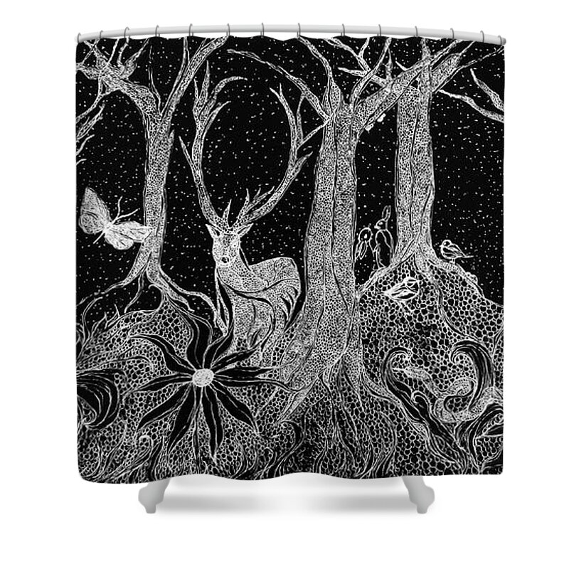  Shower Curtain featuring the drawing Animlas In The Forest by Melinda Firestone-White