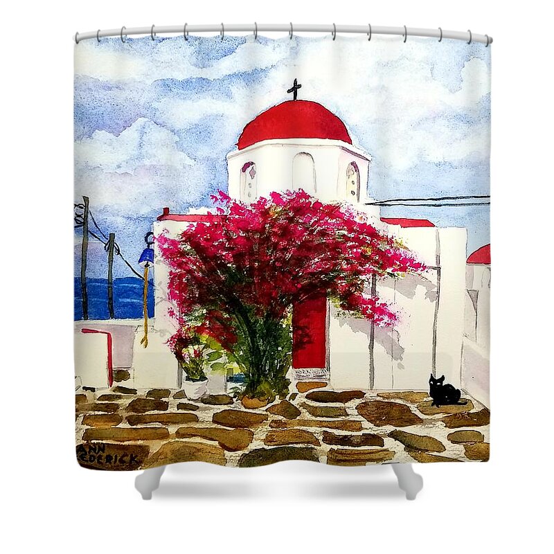 Santorini Shower Curtain featuring the painting Anns' Santorini by Ann Frederick
