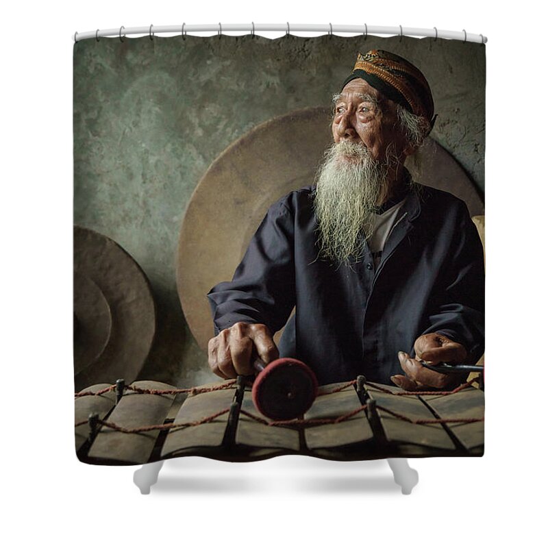 Gamelan Shower Curtain featuring the photograph Another portrait of Ki Suripto the gamelan maestro by Anges Van der Logt