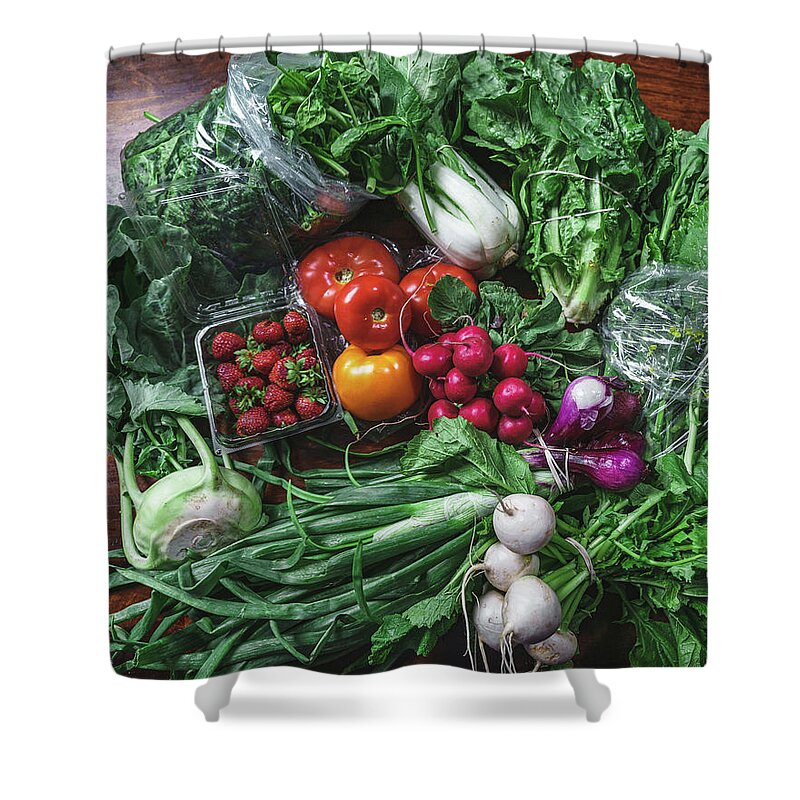 Food Shower Curtain featuring the photograph Another Veggie Tablescape by Nisah Cheatham