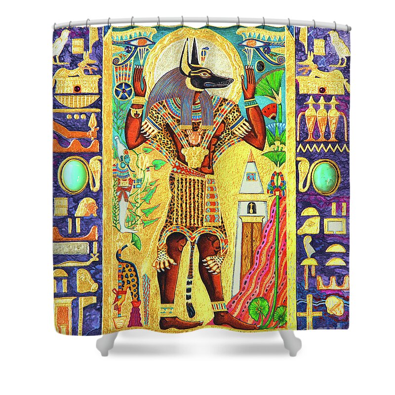 Anpu Shower Curtain featuring the mixed media Anpu Lord of the Sacred Land by Ptahmassu Nofra-Uaa