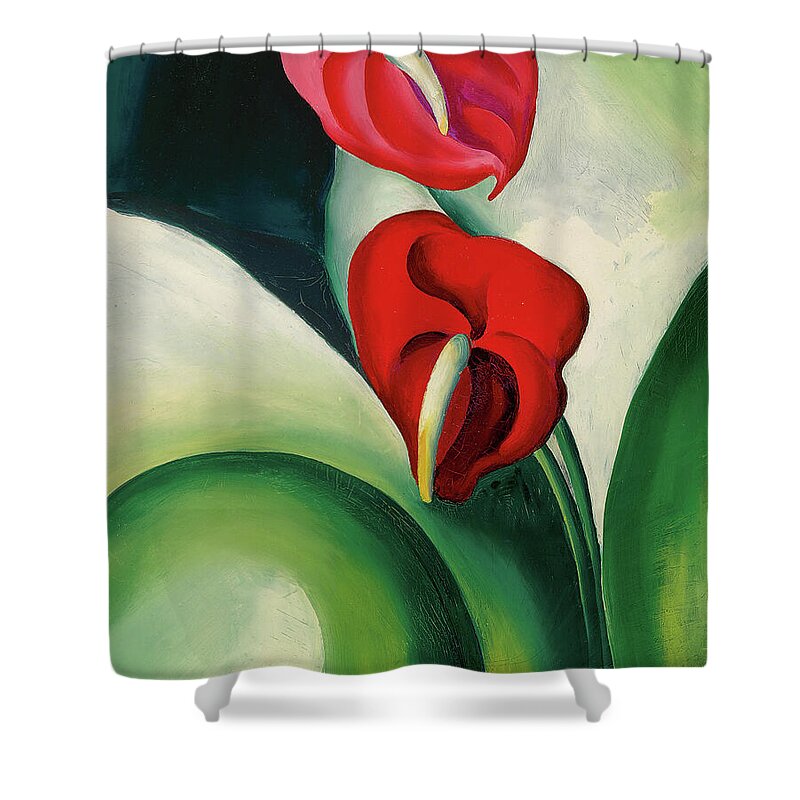 Georgia O'keeffe Shower Curtain featuring the painting Anthurium, flamingo flower - modernist plant painting by Georgia O'Keeffe