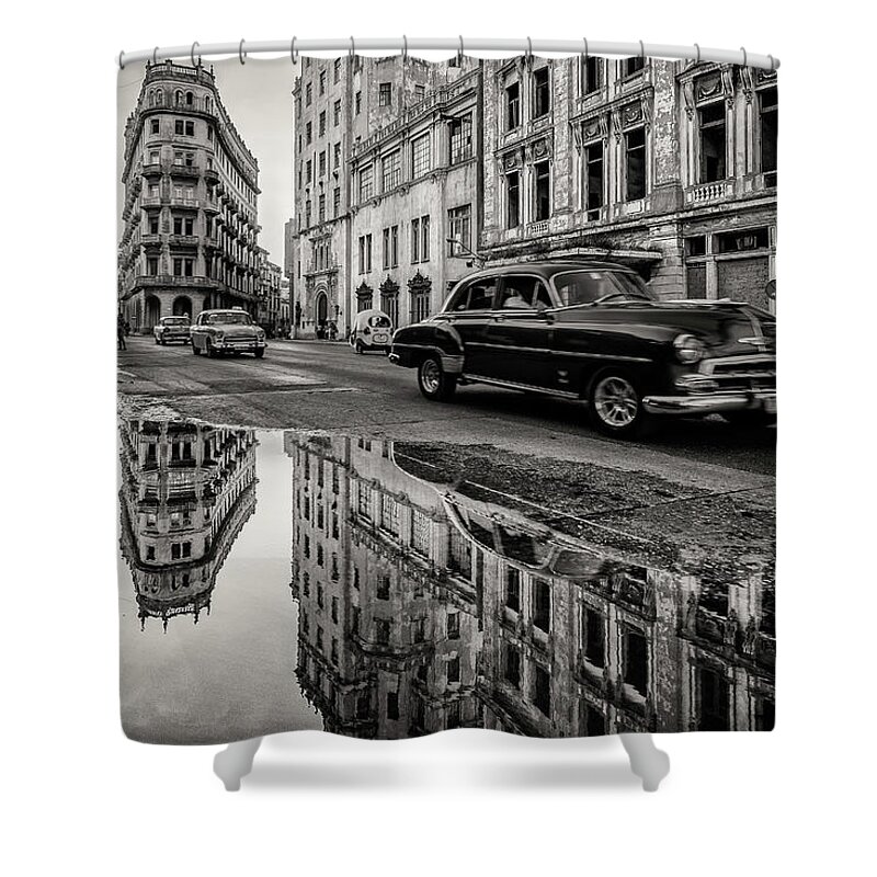 Cuba Shower Curtain featuring the photograph Antique cars and urban decay in Havana by Karel Miragaya