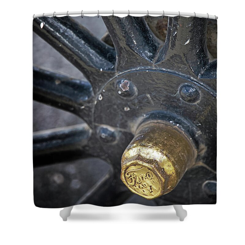 Ford Shower Curtain featuring the photograph Antique Ford wheel by M Kathleen Warren