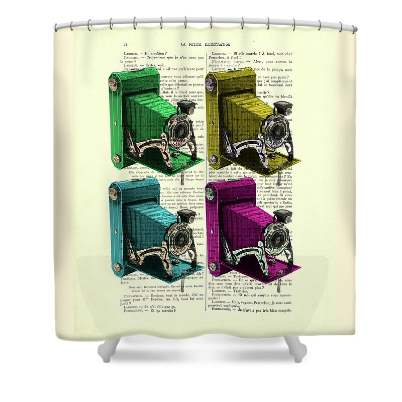 Kodak Shower Curtain featuring the mixed media Antique Kodak folding cameras in bright colors by Madame Memento
