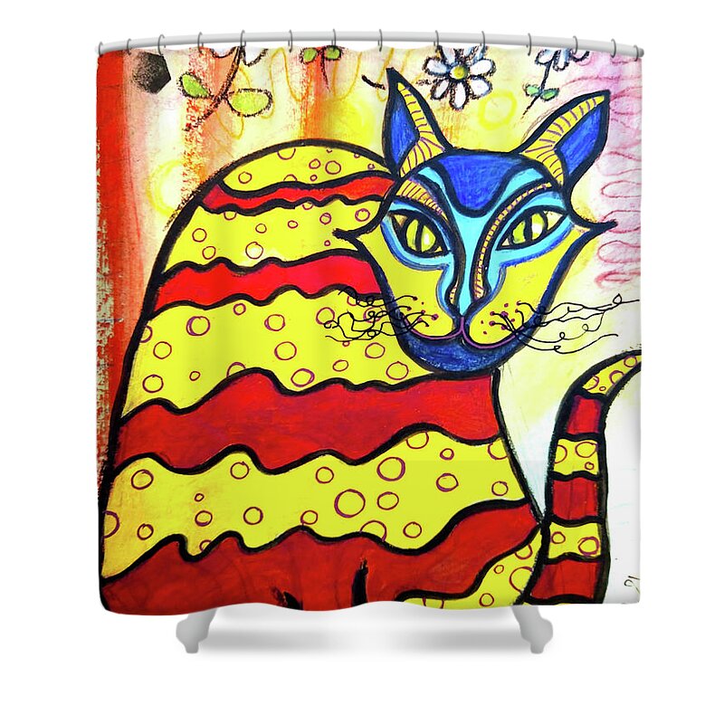 Cat Shower Curtain featuring the mixed media ANTOINE the DaisyLoving AlleyCat by Mimulux Patricia No