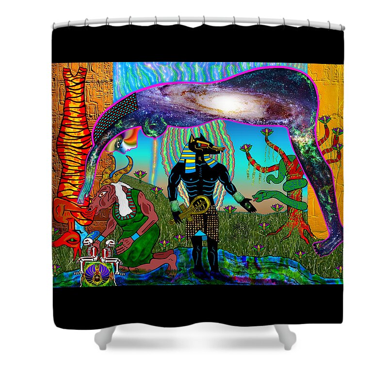 Anubis Shower Curtain featuring the mixed media Anubis and Nut Ceremony by Myztico Campo