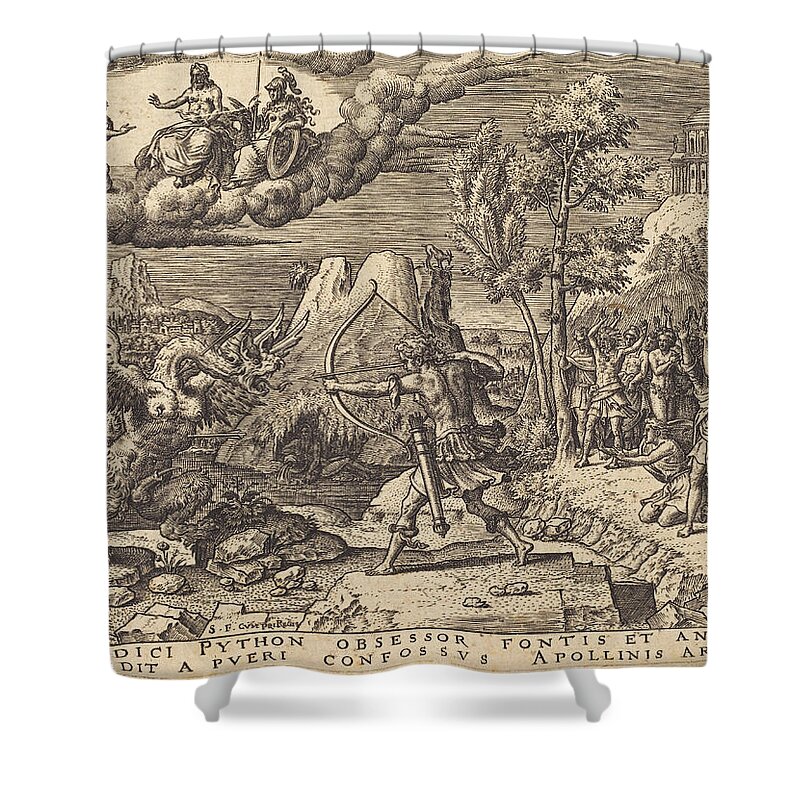 Etienne Delaune Shower Curtain featuring the drawing Apollo Killing Python by Etienne Delaune