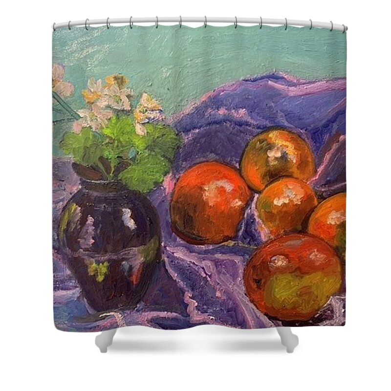 Oranges Fruit Apple Still Life Vase Shower Curtain featuring the painting Apple and Oranges by Beth Riso