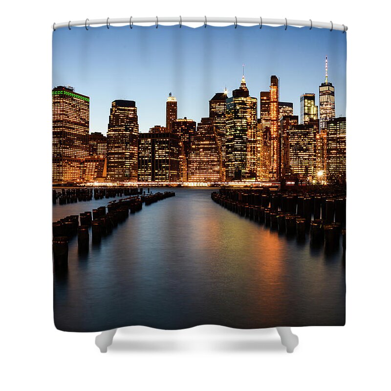 New York Shower Curtain featuring the photograph Apple Empire - Lower Manhattan Skyline. New York City by Earth And Spirit
