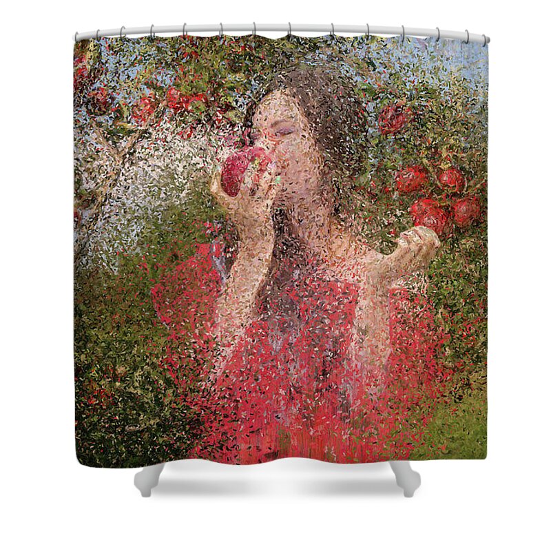 Harvest Shower Curtain featuring the painting Apple Garden. Harvest Time. by Alex Mir