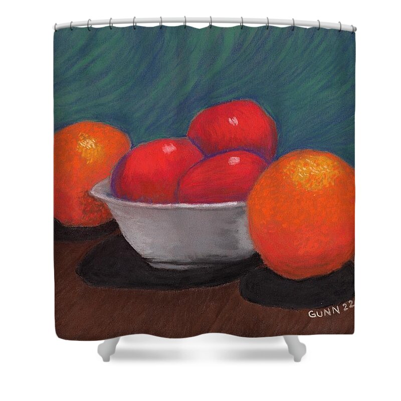 Fruit Shower Curtain featuring the pastel Apples and Oranges 2 by Katrina Gunn